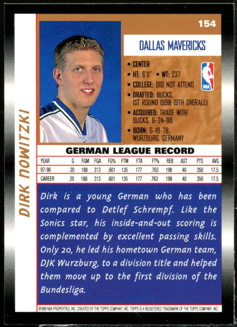 Dirk Nowitzki Rookie Card 1998-99 Topps #154  Image 2