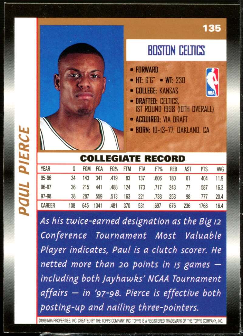 Paul Pierce Rookie Card 1998-99 Topps #135  Image 2