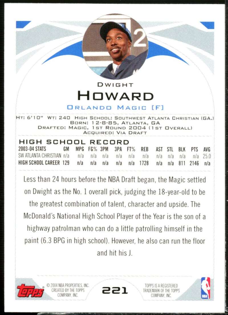 Dwight Howard Rookie Card 2004-05 Topps #221  Image 2
