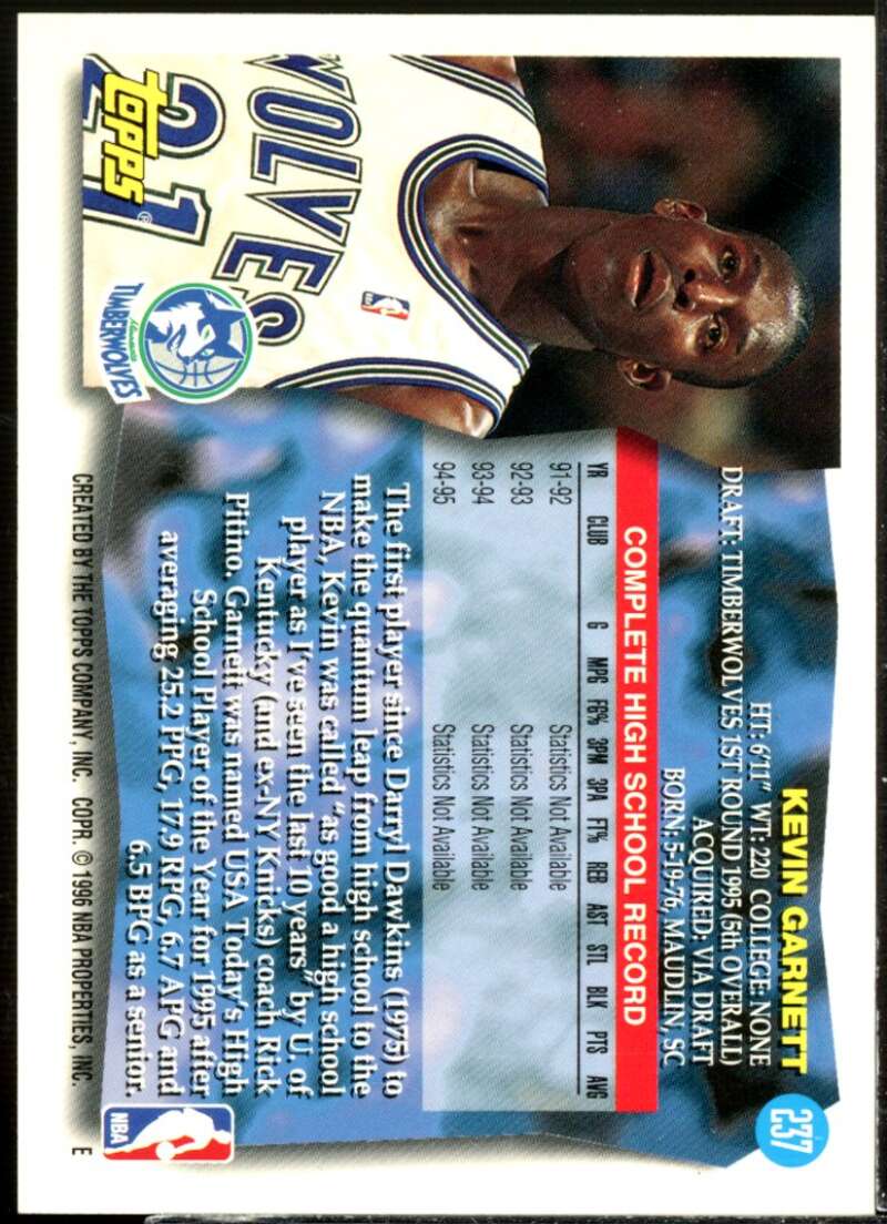 Kevin Garnett Rookie Card 1995-96 Topps #237  Image 2
