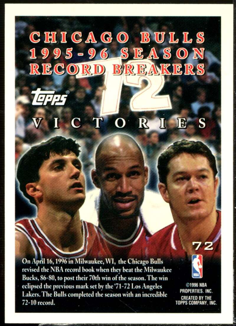 Chicago Bulls - 72 Wins Michael Jordan / Rodman / Pippen Card 1996-97 Topps #72  Image 2