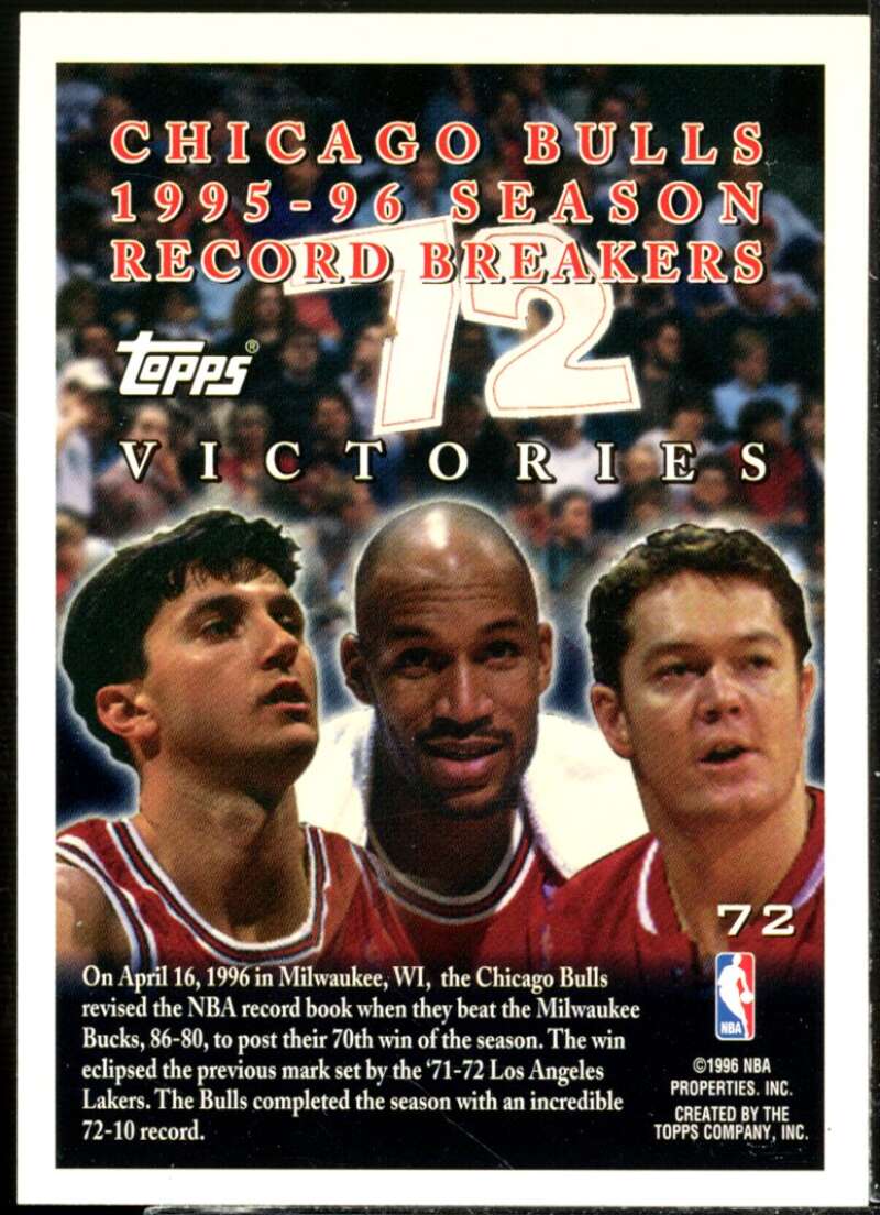 Chicago Bulls - 72 Wins Michael Jordan / Rodman / Pippen Card 1996-97 Topps #72  Image 2