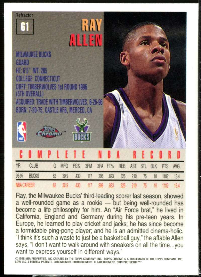 Ray Allen Card 1997-98 Topps Chrome Refractors #61  Image 2