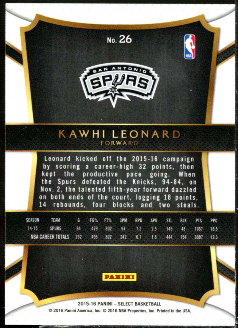 Kawhi Leonard CON Card 2015-16 Select #26  Image 2