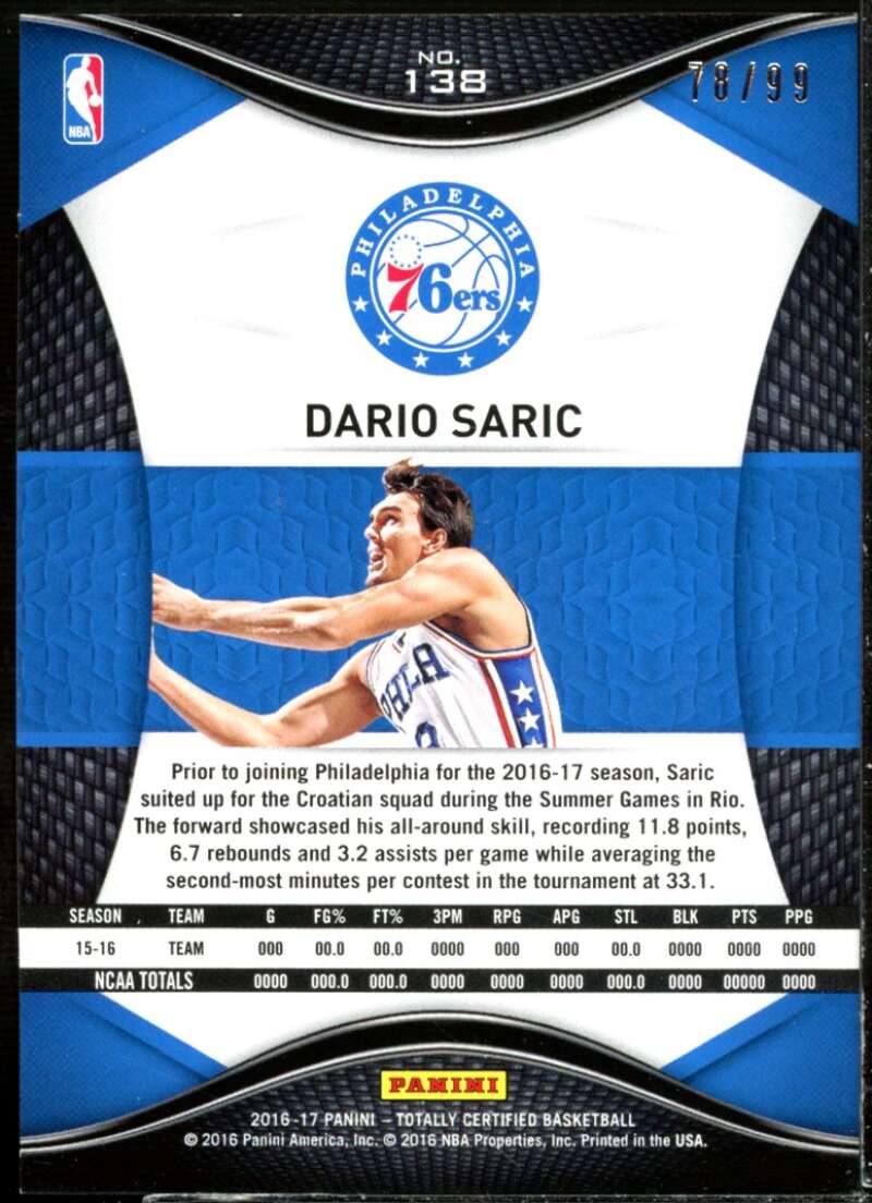 Dario Saric Rookie Card 2016-17 Totally Certified Blue #138  Image 2