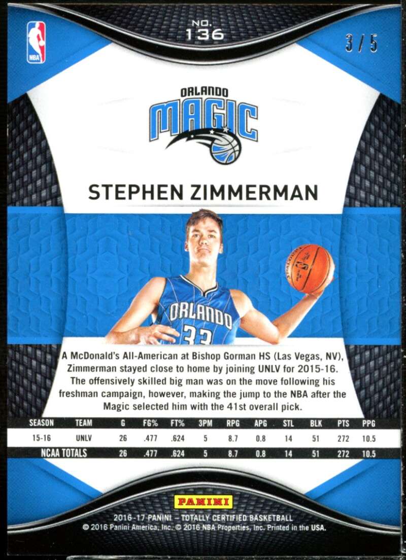 Stephen Zimmerman Rookie Card 2016-17 Totally Certified Green #136  Image 2