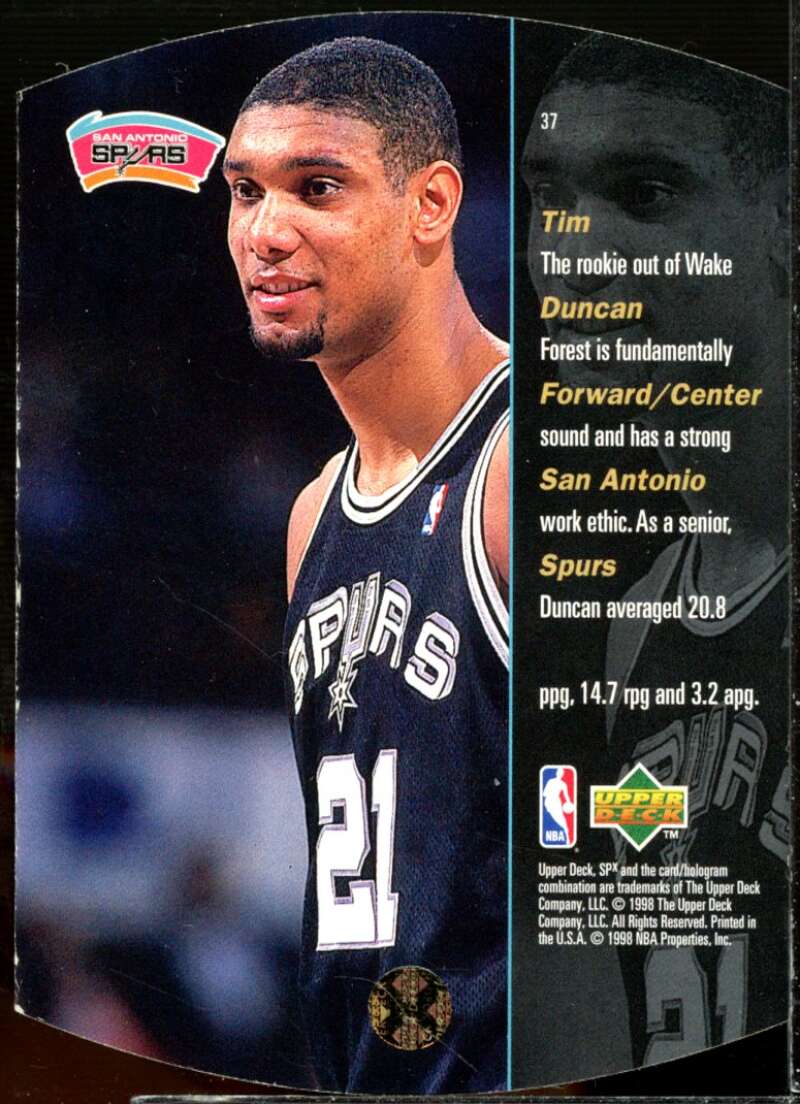 Tim Duncan Rookie Card 1997-98 SPx #37  Image 2