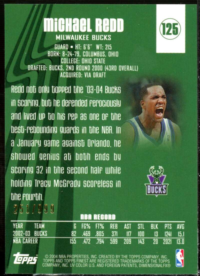 Michael Redd JSY Card 2003-04 Finest #125  Image 2