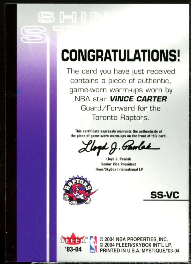 Vince Carter Card 2003-04 Fleer Mystique Shining Stars Warmups #SSVC  Image 2