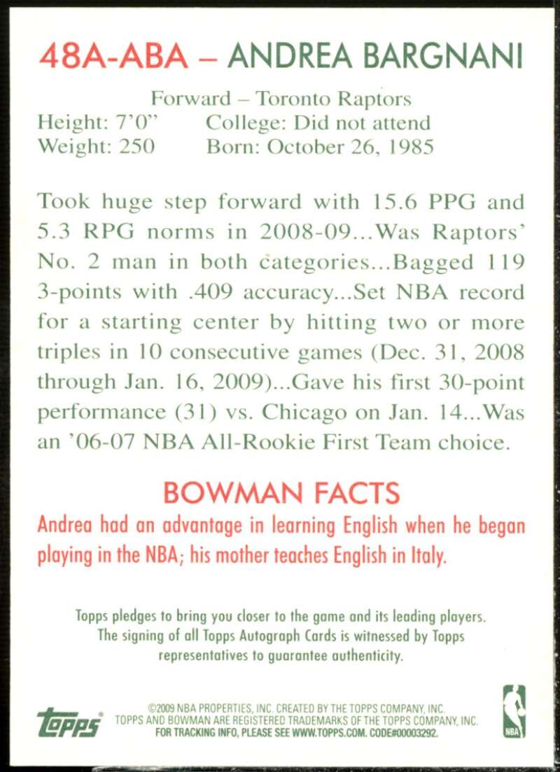 Andrea Bargnani Card 2009-10 Bowman 48 Autographs #48AABA  Image 2