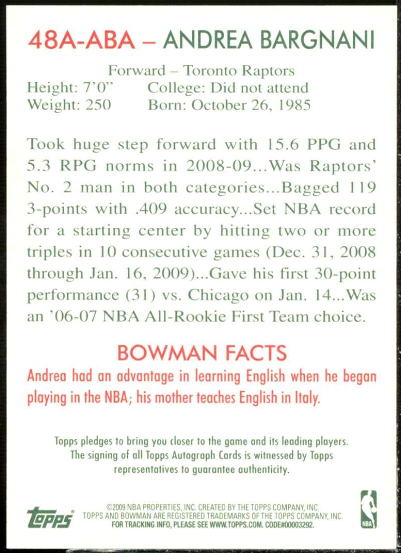 Andrea Bargnani Card 2009-10 Bowman 48 Autographs #48AABA  Image 2