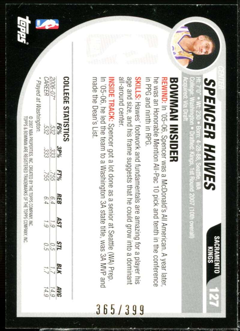 Spencer Hawes Card 2007-08 Bowman Copper #127  Image 2