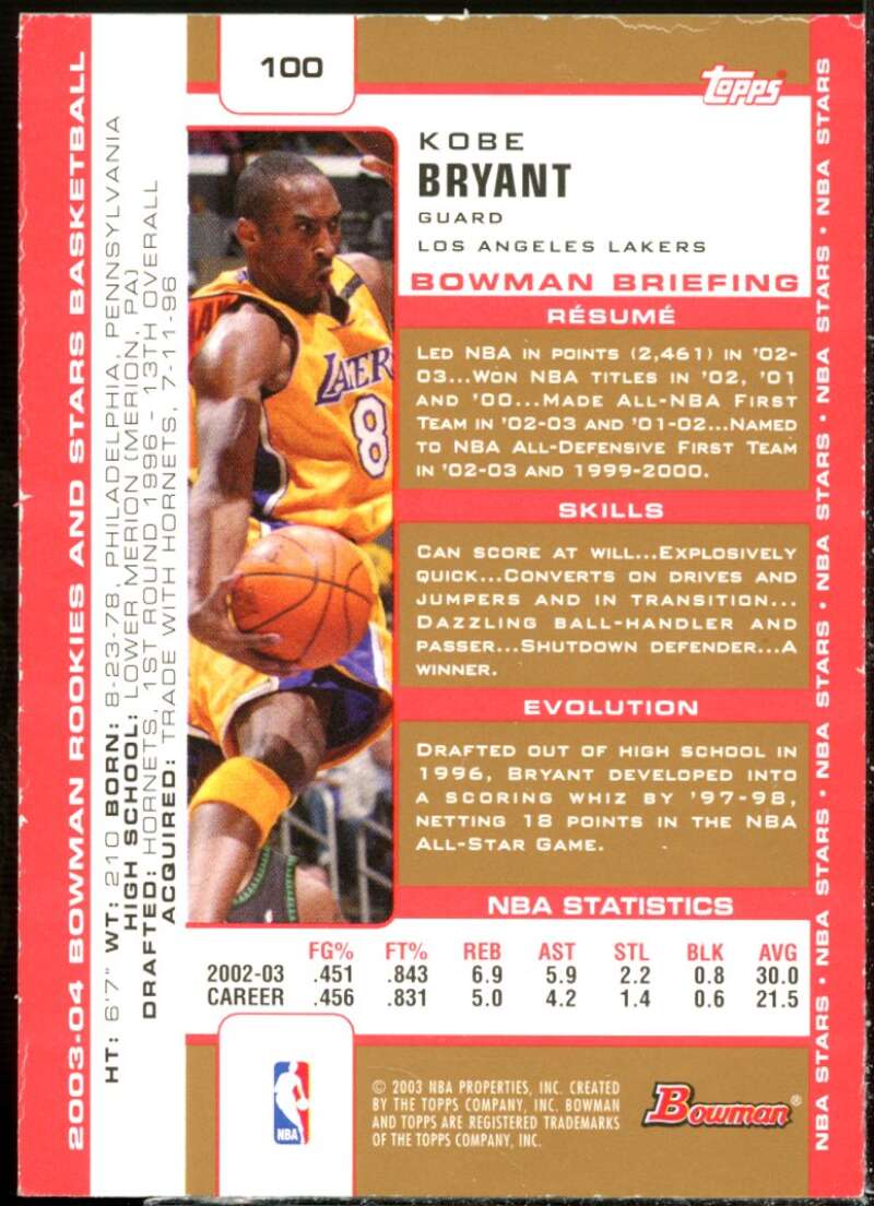 Kobe Bryant Card 2003-04 Bowman Gold #100  Image 2