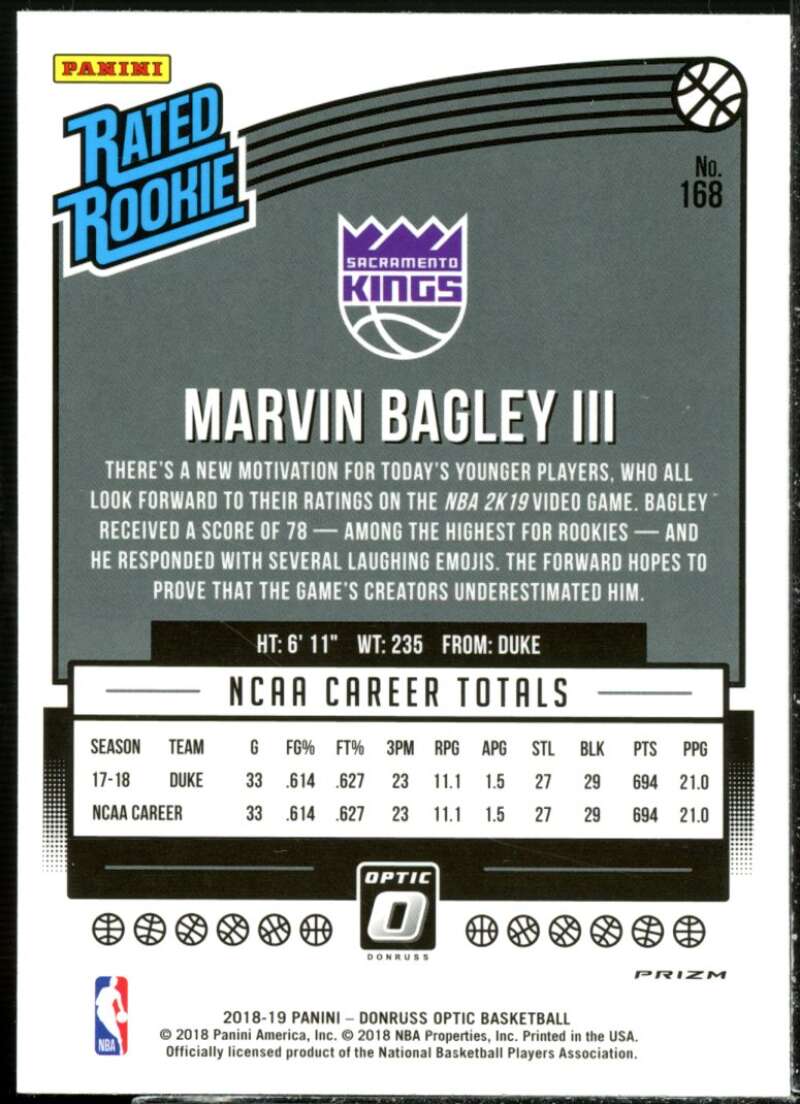 Marvin Bagley III Rookie Card 2018-19 Donruss Optic Shock #168  Image 2