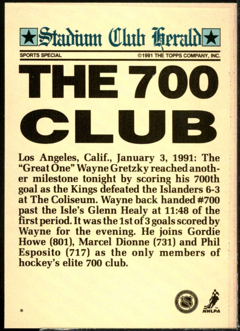 Wayne Gretzky/The 700 Club Card 1991 Stadium Club Charter Member #47  Image 2