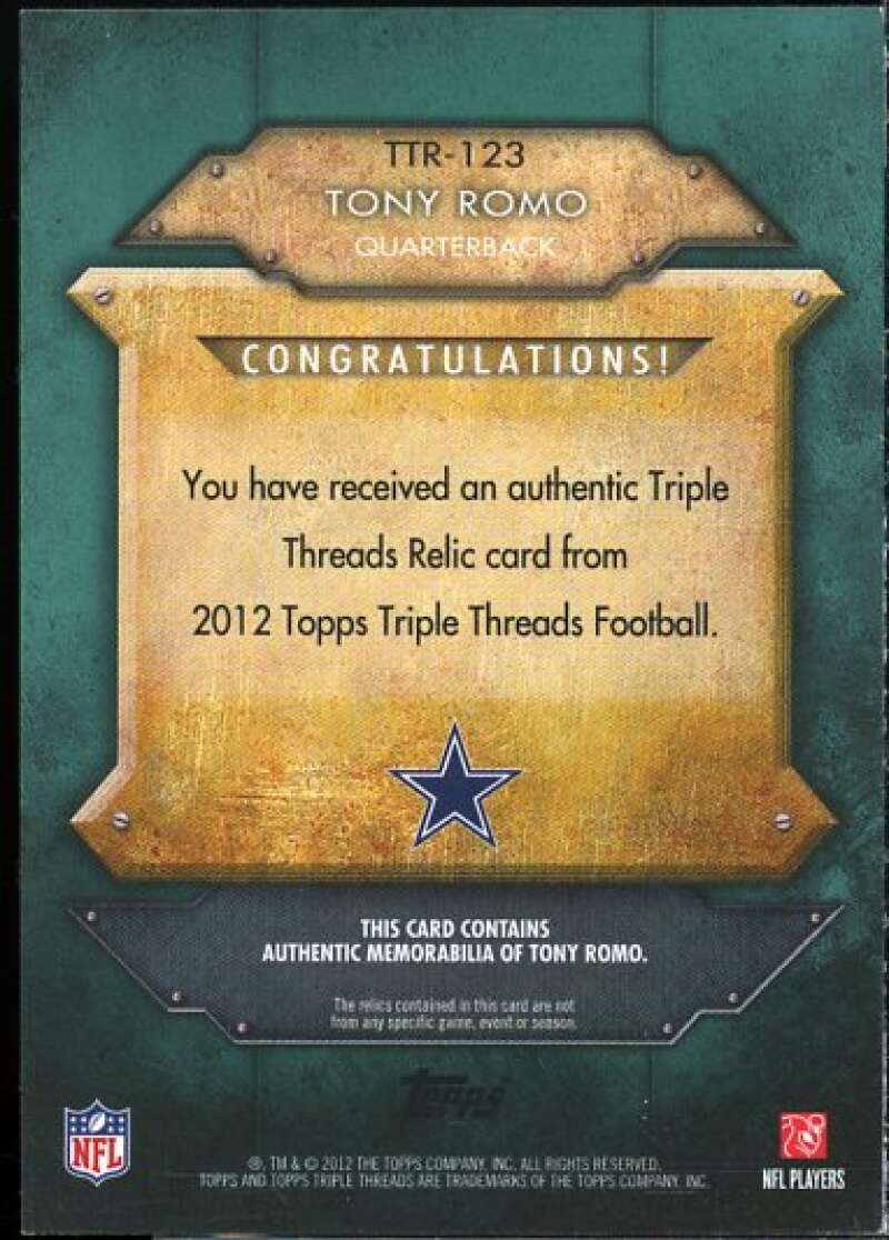 Tony Romo Card 2012 Topps Triple Threads Relic Emerald #TTR123  Image 2