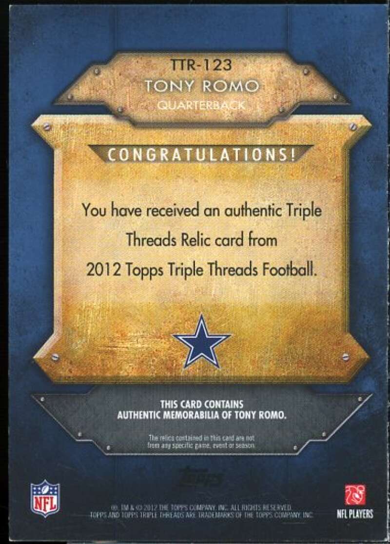 Tony Romo Card 2012 Topps Triple Threads Relic Sapphire #TTR123  Image 2