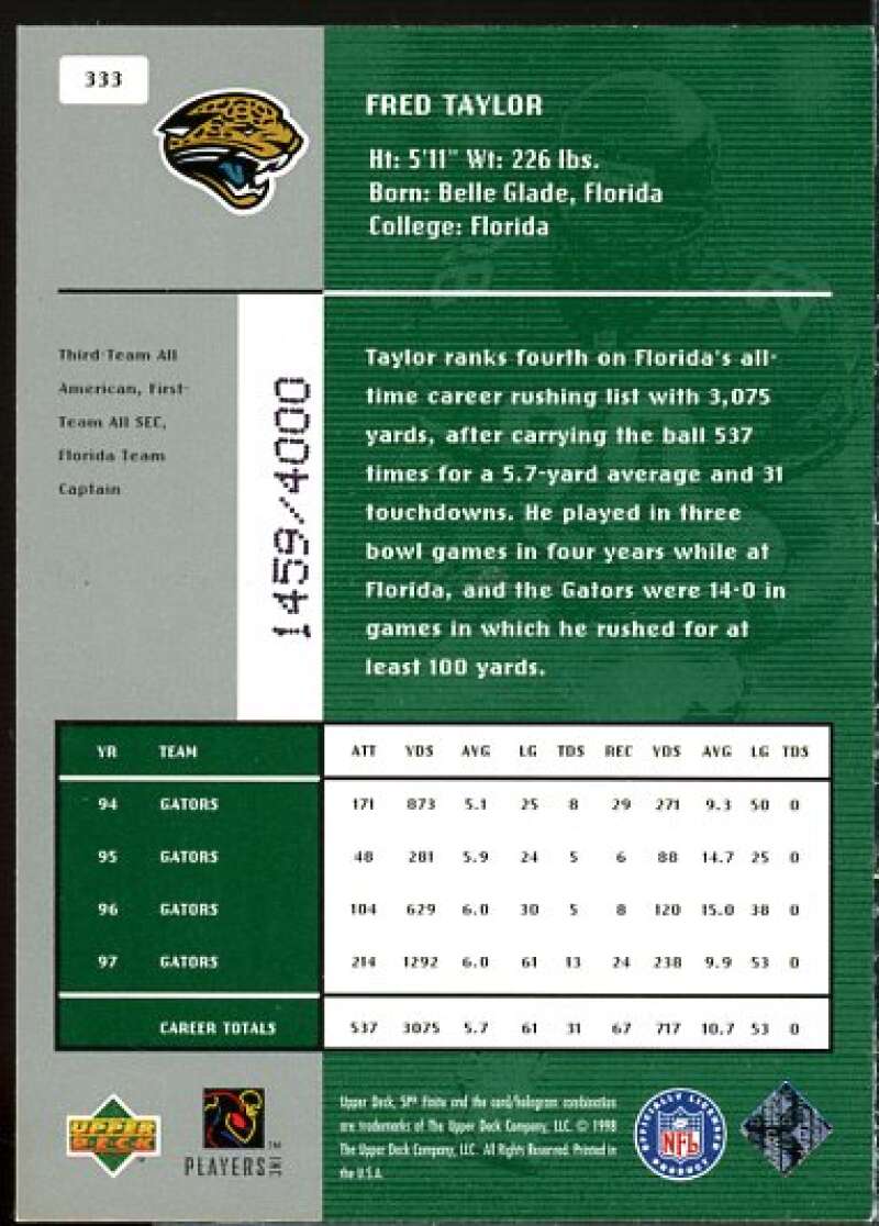 Fred Taylor NS Rookie Card 1998 SPx Finite #333  Image 2