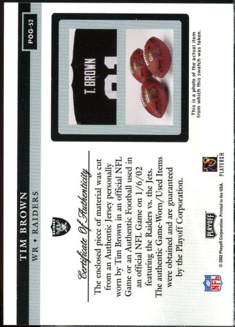 Tim Brown FB Card 2002 Playoff Piece of the Game Materials #52F  Image 2