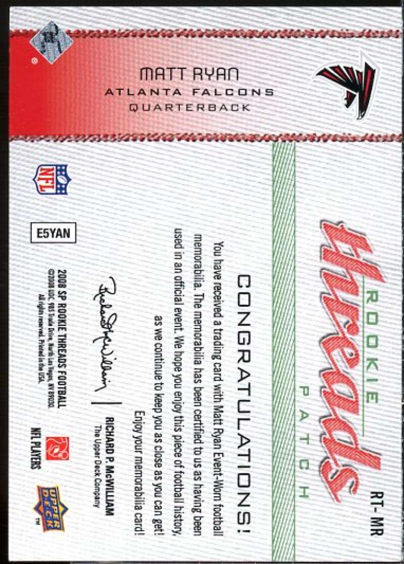 Matt Ryan Card 2008 SP Rookie Threads Rookie Threads Patch 99 #RTMR  Image 2