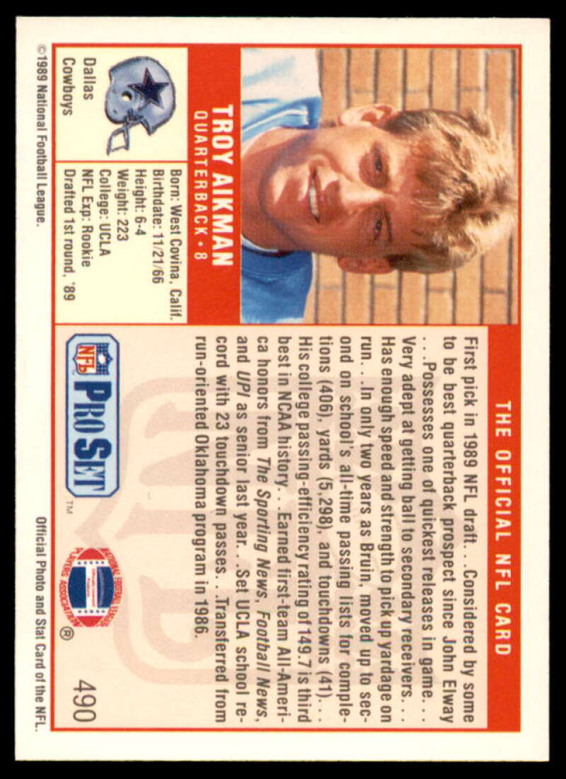 Troy Aikman Rookie Card 1989 Pro Set #490  Image 2