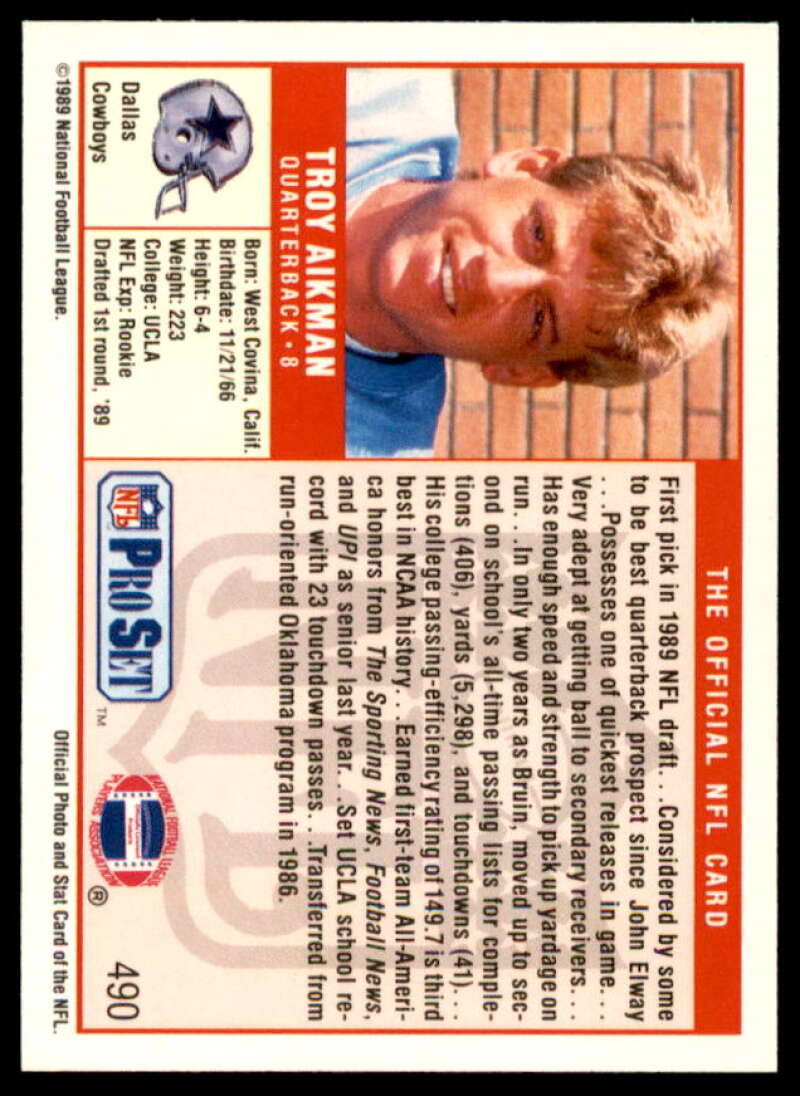 Troy Aikman Rookie Card 1989 Pro Set #490  Image 2