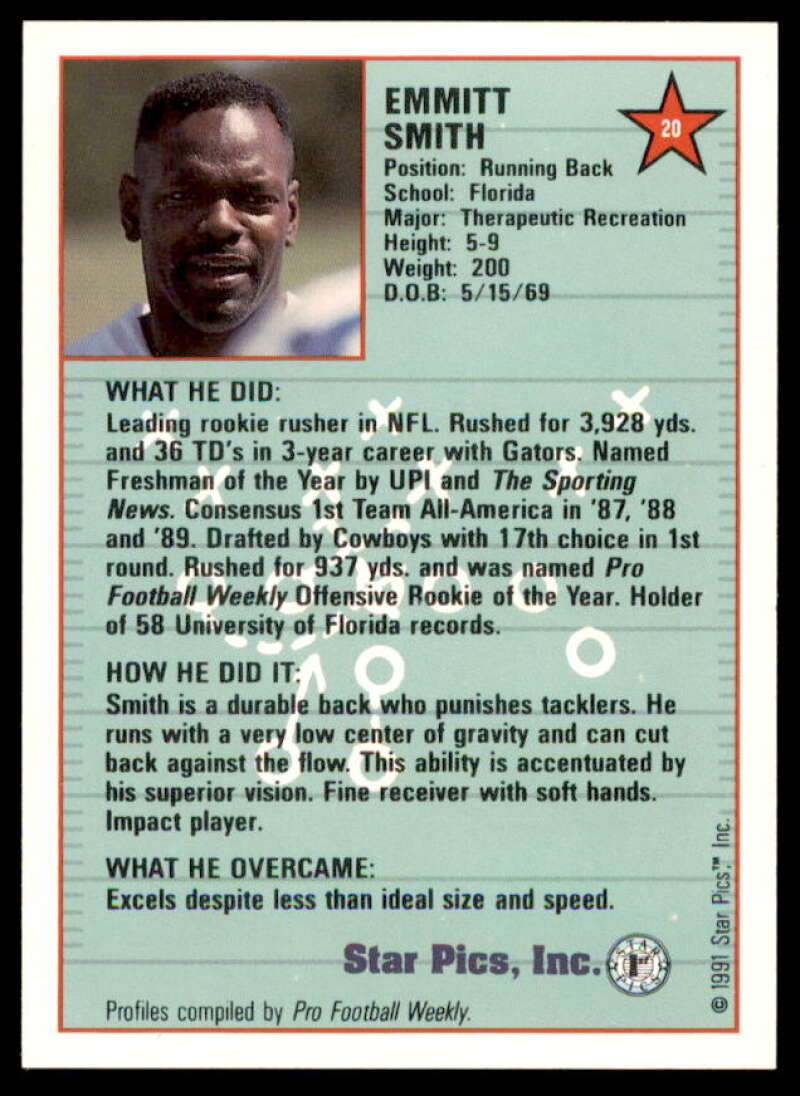 Emmitt Smith FLB Card 1991 Star Pics #20  Image 2