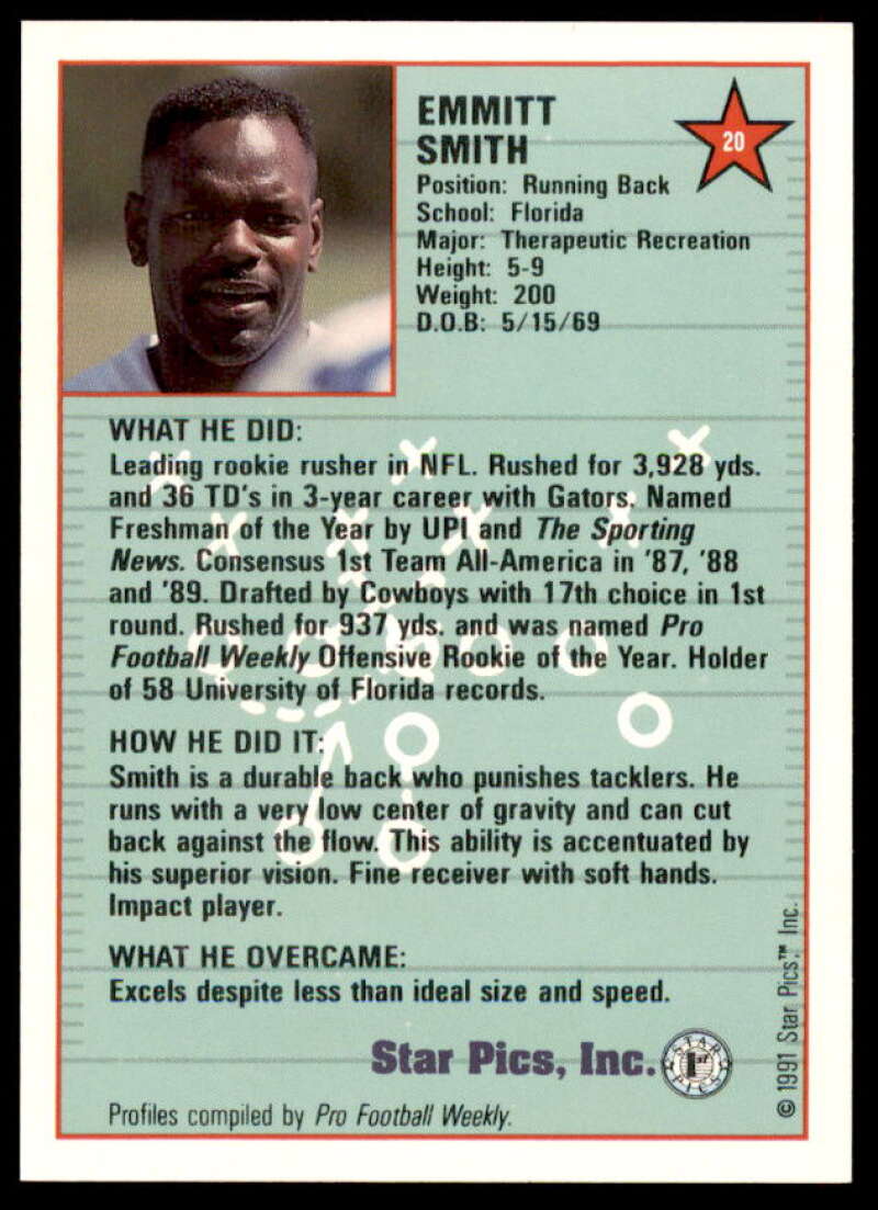 Emmitt Smith FLB Card 1991 Star Pics #20  Image 2