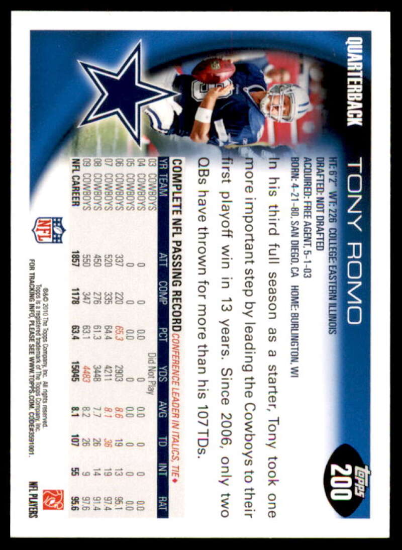 Tony Romo Card 2010 Topps #200  Image 2