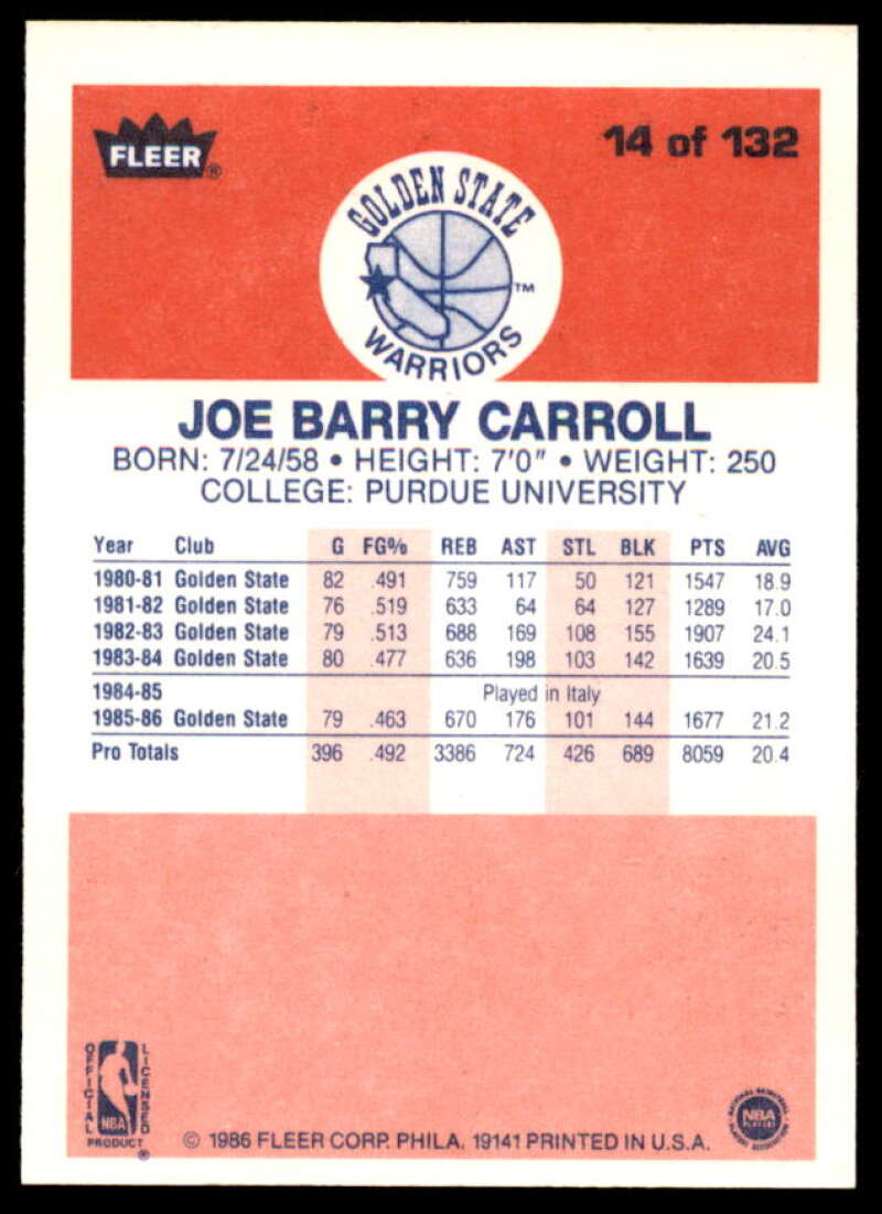 Joe Barry Carroll Card 1986-87 Fleer #14  Image 2