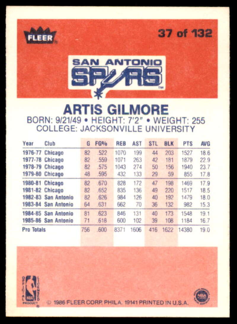 Artis Gilmore Card 1986-87 Fleer #37  Image 2