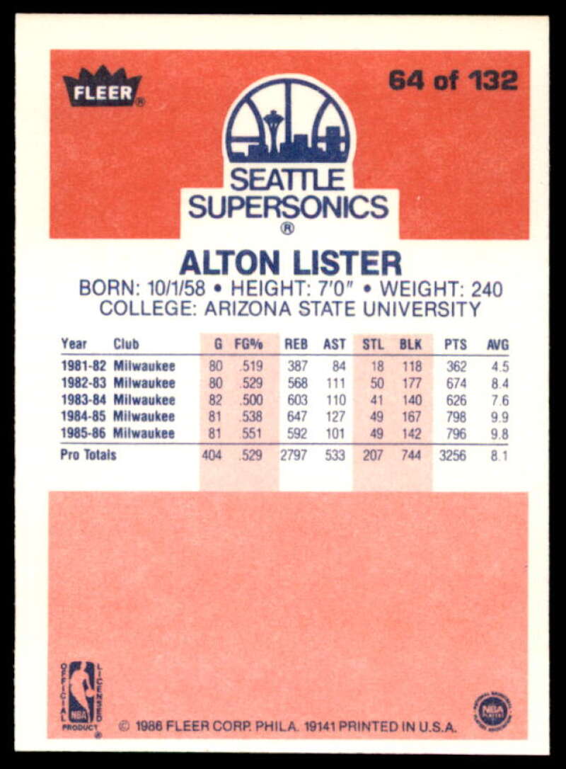 Alton Lister Card 1986-87 Fleer #64  Image 2