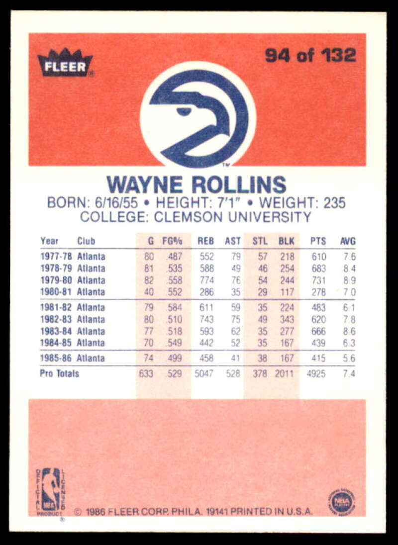 Tree Rollins Card 1986-87 Fleer #94  Image 2