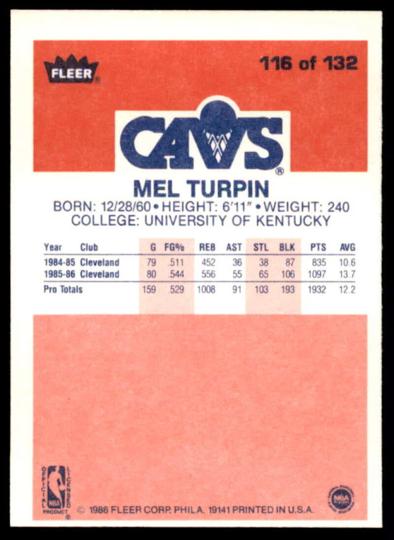 Mel Turpin Card 1986-87 Fleer #116  Image 2