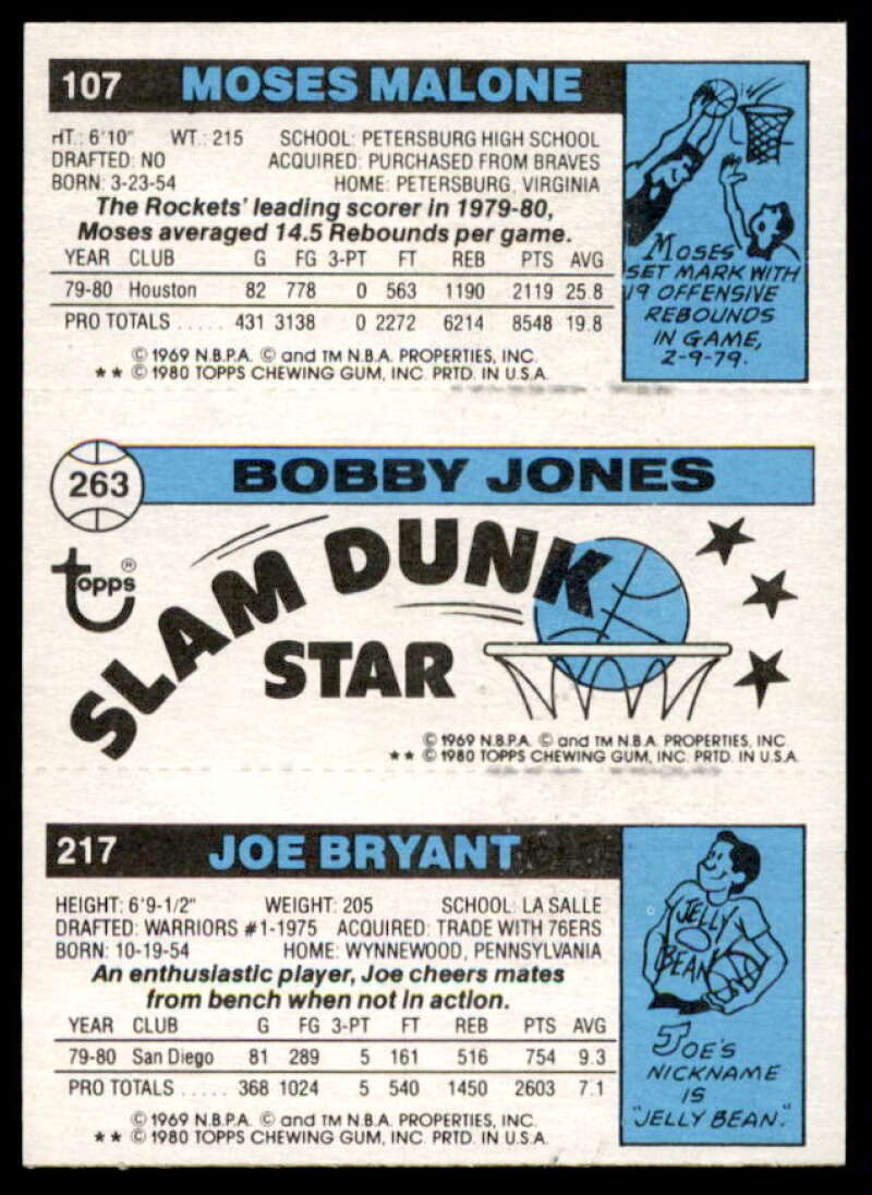 217 Joe Bryant/263 Bobby Jones SD/107 Moses Malone Card 1980-81 Topps #74  Image 2