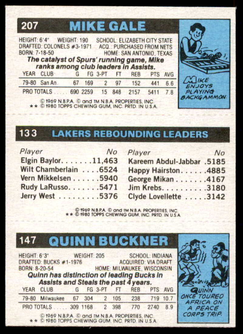 147 Quinn Buckner/133 Kareem Abdul-Jabbar TL/207 Mike Gale 1980-81 Topps #50  Image 2