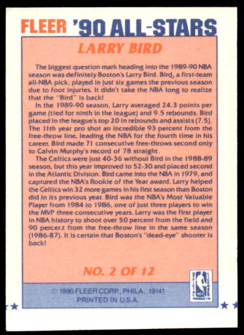 Larry Bird Card 1990-91 Fleer All-Stars #2  Image 2