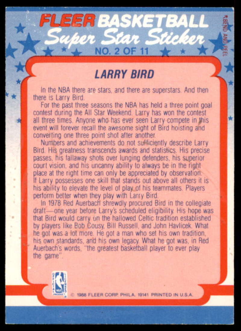 Larry Bird Card 1988-89 Fleer Stickers #2  Image 2