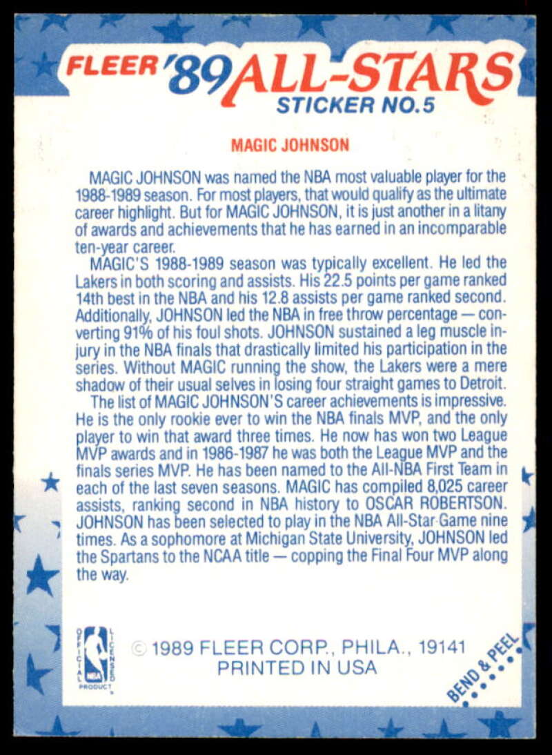 Magic Johnson Card 1989-90 Fleer Stickers #5  Image 2