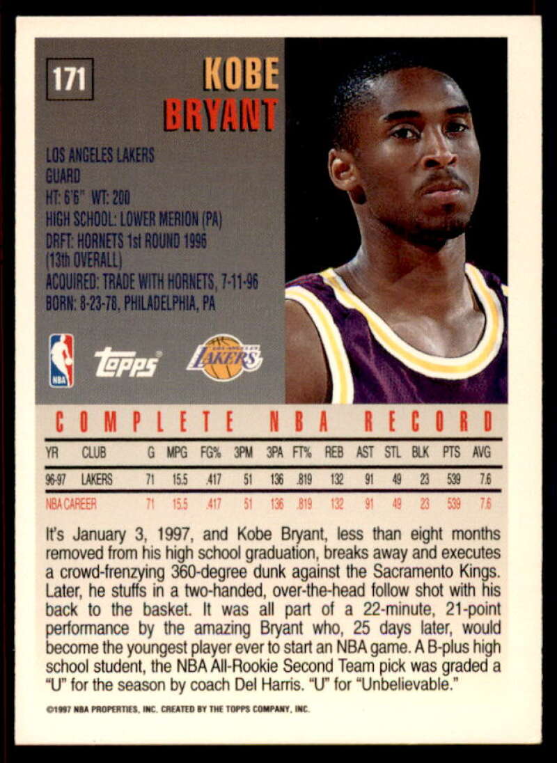 Kobe Bryant Card 1997-98 Topps #171  Image 2