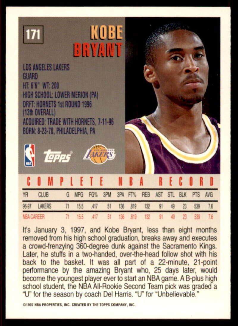 Kobe Bryant Card 1997-98 Topps #171  Image 2