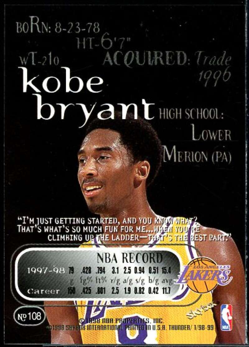 Kobe Bryant Card 1998-99 SkyBox Thunder #108  Image 2