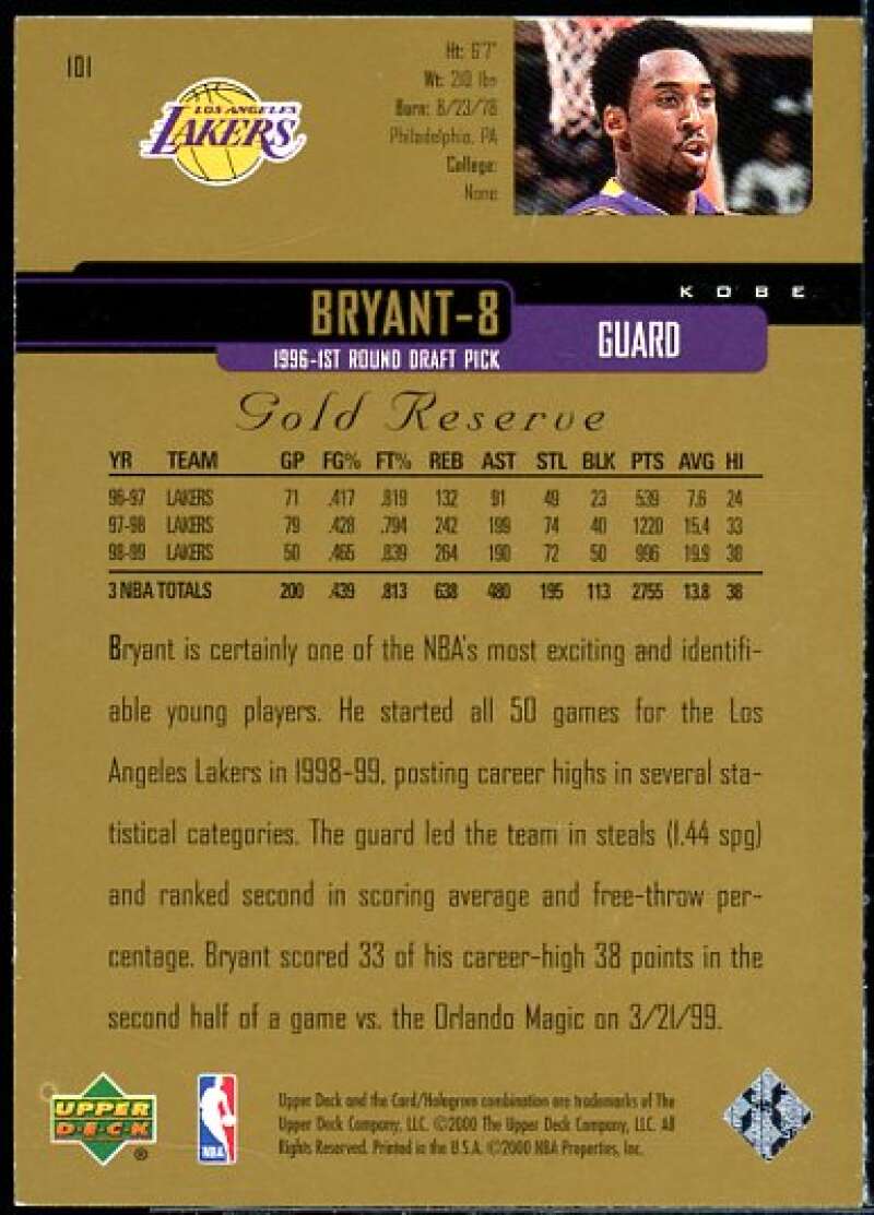 Kobe Bryant Card 1999-00 Upper Deck Gold Reserve #101  Image 2