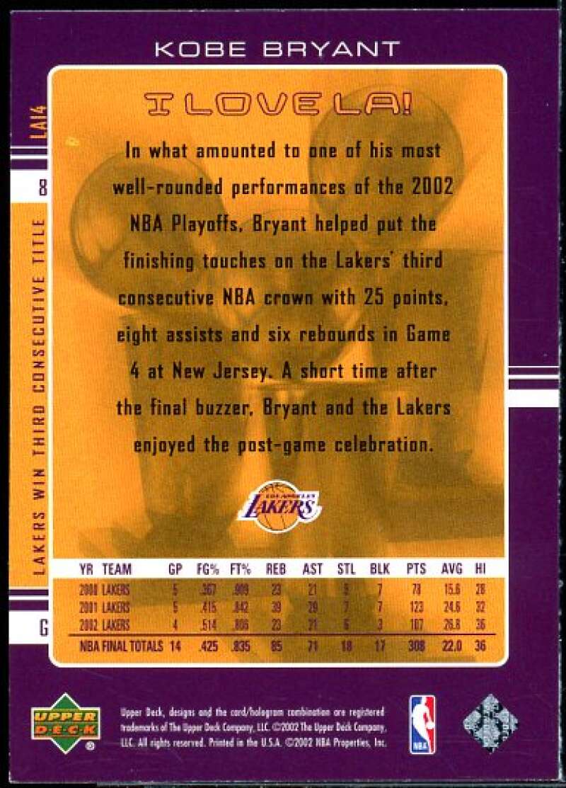 Kobe Bryant Card 2002-03 Upper Deck I Love L.A. #LA14  Image 2