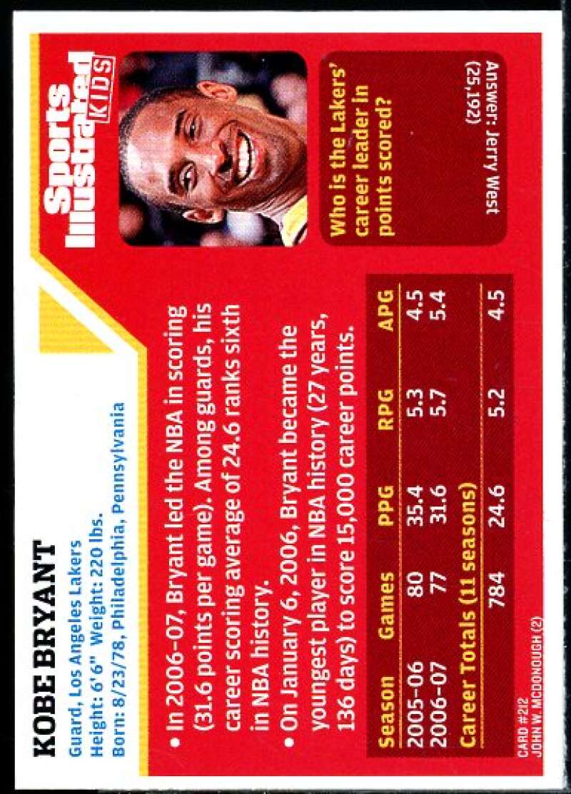 Kobe Bryant BK Card 2007 Sports Illustrated for Kids #212  Image 2