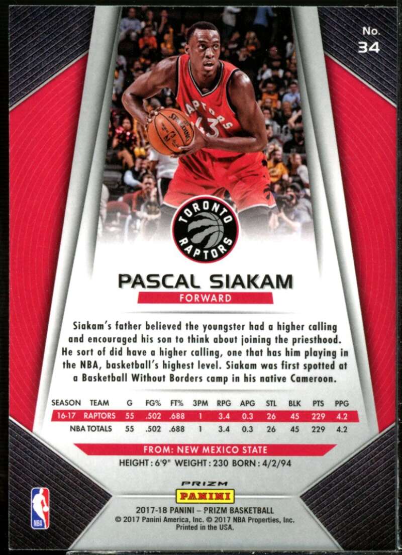 Pascal Siakam Card 2017-18 Panini Prizm Prizms Red White and Blue #34  Image 2