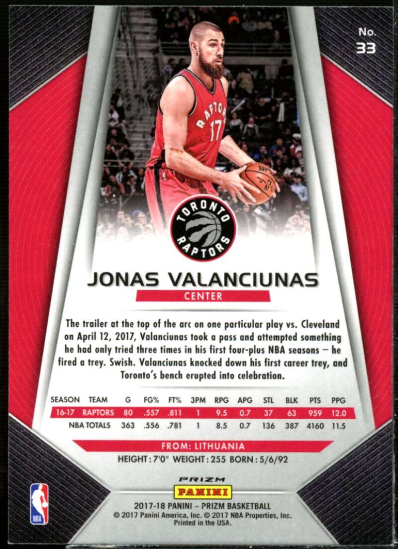 Jonas Valanciunas Card 2017-18 Panini Prizm Prizms Red White and Blue #33  Image 2