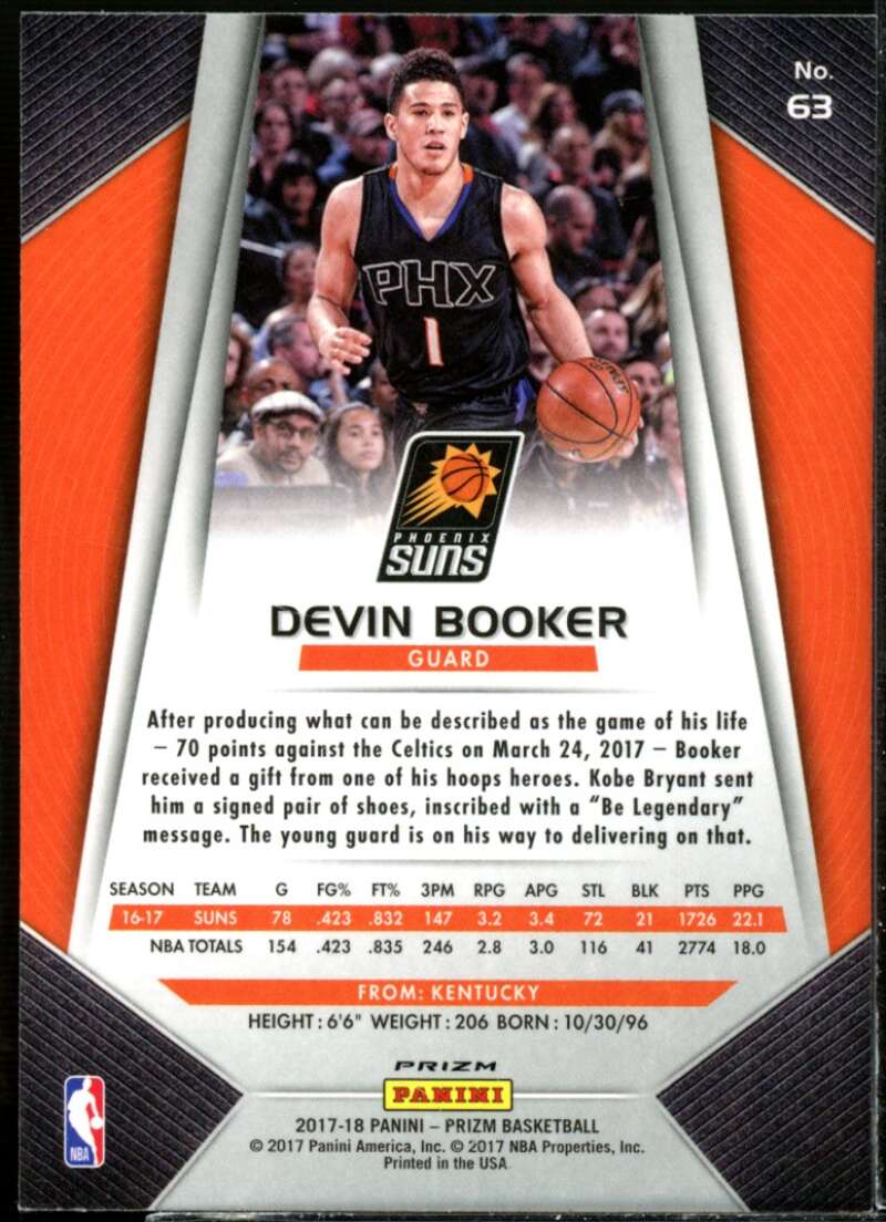 Devin Booker Card 2017-18 Panini Prizm Prizms Red White and Blue #63  Image 2