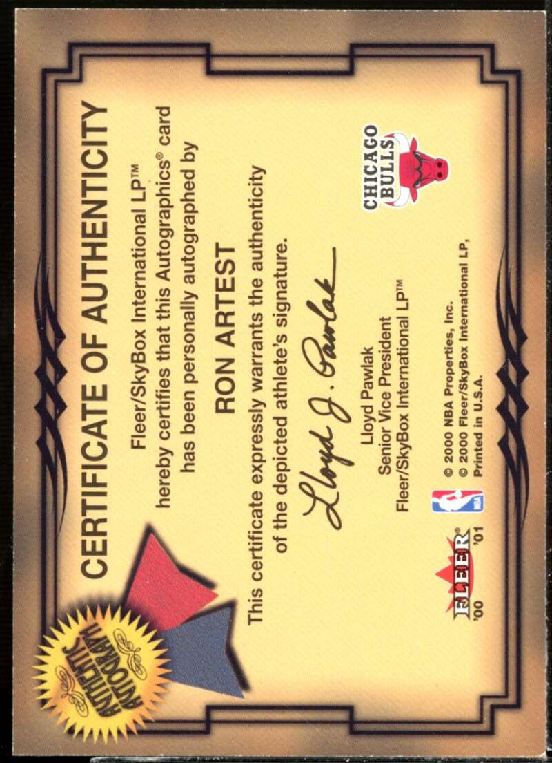 Ron Artest Card 2000-01 Fleer Autographics #2  Image 2