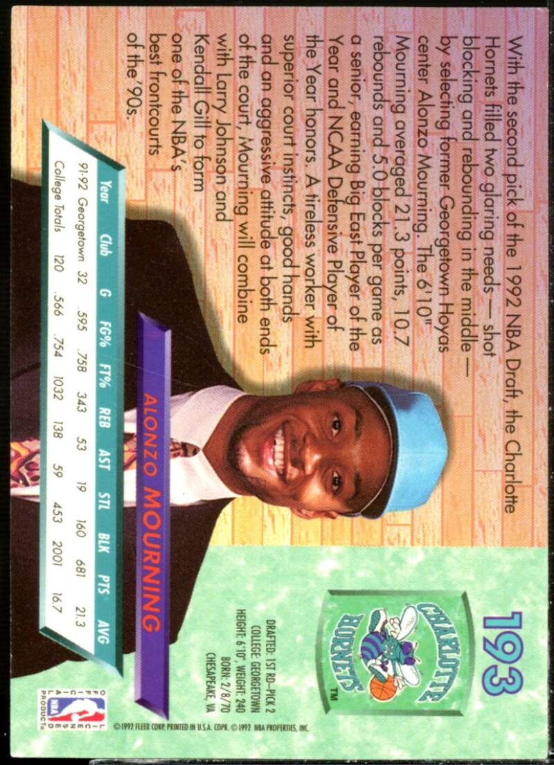 Alonzo Mourning Rookie Card 1992-93 Ultra #193  Image 2
